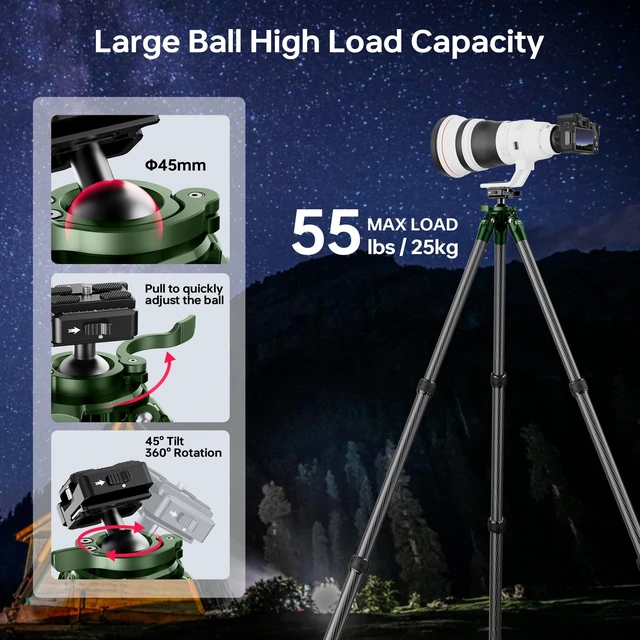 Alt view image 4 of 5 - Manbily QM-2836 Shooting Tripod, Inverted Hunting Carbon Fiber Tripod with 45mm Ball Head and Picatinny to Arca Swiss Adapters, 36mm Thick Tubes, Max Load 55lbs Green