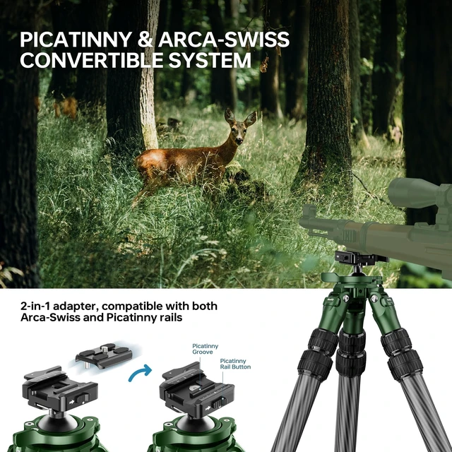 Alt view image 2 of 5 - Manbily QM-2836 Shooting Tripod, Inverted Hunting Carbon Fiber Tripod with 45mm Ball Head and Picatinny to Arca Swiss Adapters, 36mm Thick Tubes, Max Load 55lbs Green