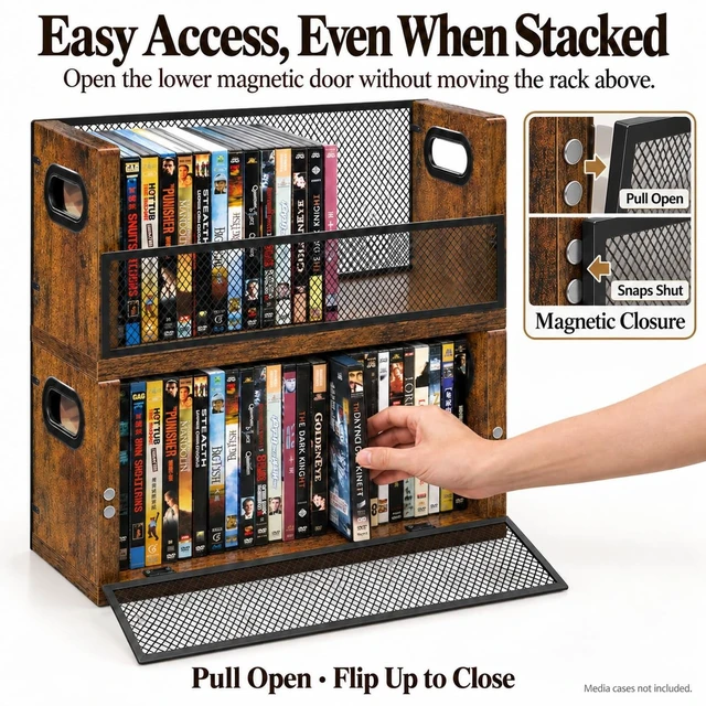 Alt view image 3 of 5 - PUTNATRURE DVD CD Storage Rack, 3 Pack Holds 84 DVDs (28 Each), Stackable Wood & Metal DVD Tower with Magnetic Opening Door for Easy Access, Desktop Organizer for Blu ray, Video Game Cases, VHS Tapes