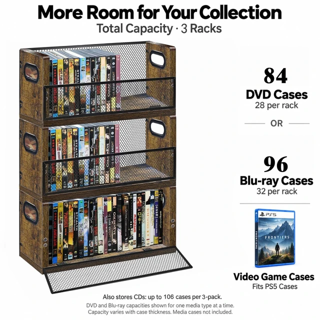 Alt view image 5 of 5 - PUTNATRURE DVD CD Storage Rack, 3 Pack Holds 84 DVDs (28 Each), Stackable Wood & Metal DVD Tower with Magnetic Opening Door for Easy Access, Desktop Organizer for Blu ray, Video Game Cases, VHS Tapes
