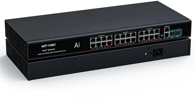 Main image of MT-VIKI Full Gigabit PoE Switch, 28 Port IEEE 802.3at/af Unmanaged Network Switch with 300W Total Power (24 PoE+ 30W, 2 Uplink, 2 SFP Fiber), 6KV, AI Watchdog, Port VLAN, Plug & Play
