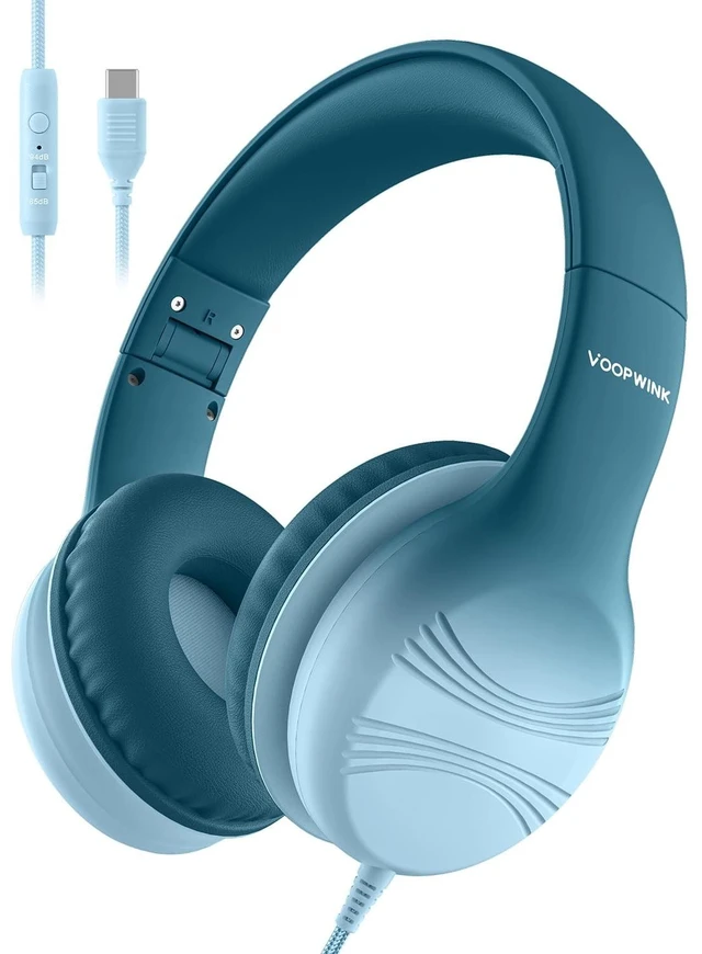 Main image of Voopwink USB Type C Kids Headphones, Wired Headphones for Kids with Microphone 85/94dB Volume Limit, Stereo Sound Portable Over Ear Headphones for School/Travel/Tablet/iPad, Gradient Green