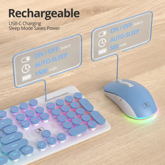 Alt view image 3 of 5 - Vumilstek Backlit Wireless Keyboard and Mouse, 2.4GHz Light Up Typewriter Rechargeable Cordless Quiet Keyboard with USB Receiver for PC/Laptop (Blue)