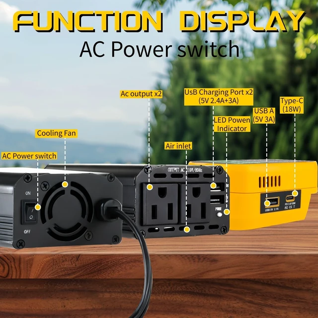 Alt view image 5 of 5 - 300W Power Inverter Compatible with Dewalt, DC 20V to AC 110-120V Battery Inverter, Portable Battery Adapter Charger Converter with 3 USB & 1 Type-C & 2 AC Outlet for Outdoor,Emergency(Tool Only)