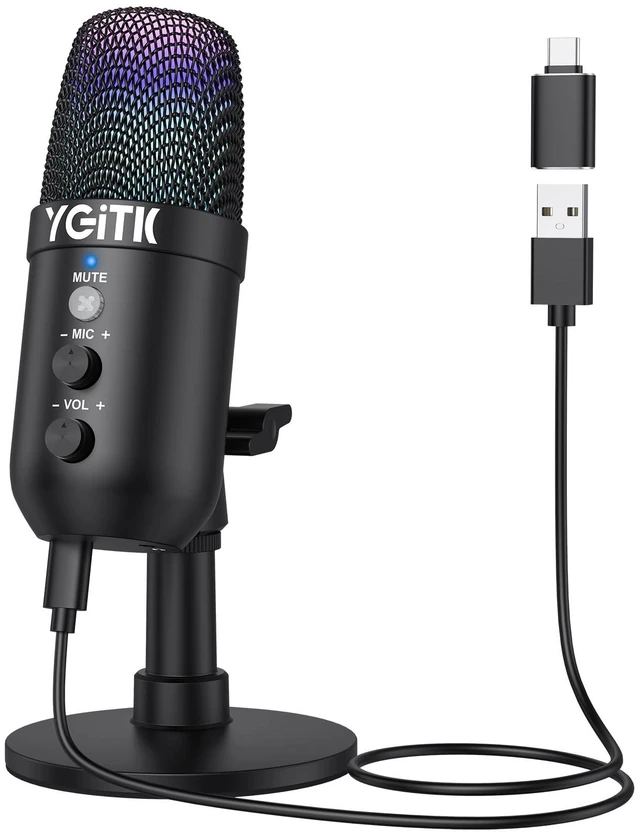 Main image of YGiTK USB Gaming Microphone with RGB Lights Stand for PC, PS4, PS5 Condenser Microphone Mute Headphones Jack, Noise Cancellation, Gain Control USB/XLR ^^ Gaming, Podcasting, Streaming