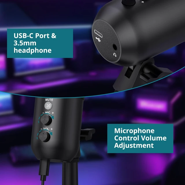 Alt view image 5 of 5 - YGiTK USB Gaming Microphone with RGB Lights Stand for PC, PS4, PS5 Condenser Microphone Mute Headphones Jack, Noise Cancellation, Gain Control USB/XLR ^^ Gaming, Podcasting, Streaming