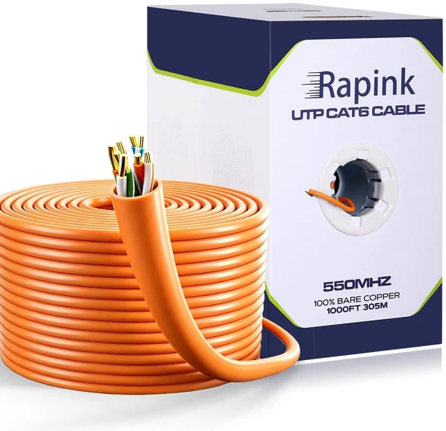 Main image of Rapink Cat6 Ethernet Cable 1000ft, Cat6 ethernet Cable 23AWG Solid Bare Copper 10G Support, UTP cat6 Cable 550MHZ, cat 6 Cable 1000ft POE Support Orange