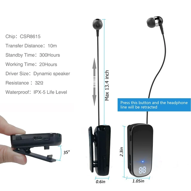Alt view image 5 of 5 - FashionLive Retractable Wireless Headset Headphone Stereo Earphone V5.0 Noise Cancelling Mic Clip on Earpiece Comfortable HandsFree Headset 20Hrs Talking Time Sports Business Trucker Driver Ear