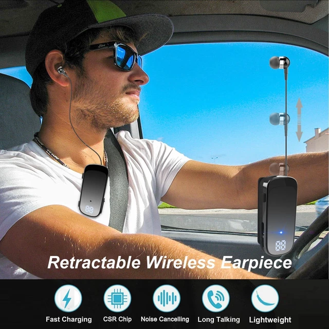 Alt view image 2 of 5 - FashionLive Retractable Wireless Headset Headphone Stereo Earphone V5.0 Noise Cancelling Mic Clip on Earpiece Comfortable HandsFree Headset 20Hrs Talking Time Sports Business Trucker Driver Ear