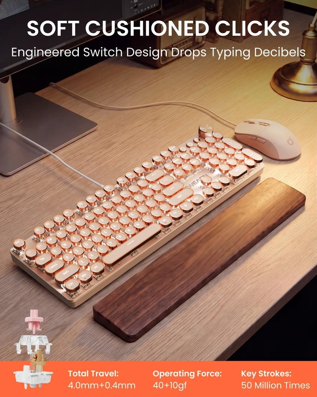Alt view image 2 of 5 - Wired Typewriter Keyboard and Mouse Combo, White Backlit, Soft Clack, Knob