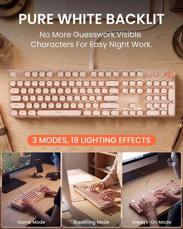 Alt view image 3 of 5 - Wired Typewriter Keyboard and Mouse Combo, White Backlit, Soft Clack, Knob