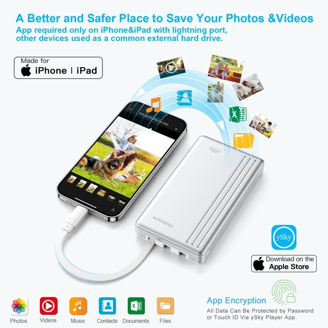 Alt view image 2 of 5 - ySky MFi Certified 500G Portable External Hard Drive for iPhone iPad MacBook Windows Computer USB C Android Phones to Backup,Photo Stick for iPhone17/16/15/14/13((one Click Backup)