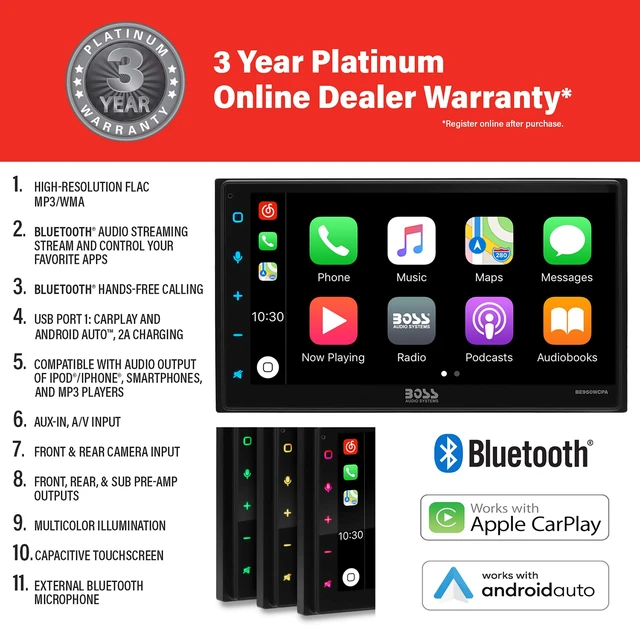Alt view image 2 of 5 - BOSS Audio Systems BVCP9850W Car Stereo - Wireless Apple CarPlay & Android Auto, Double Din, 6.75 Inch Touchscreen, Bluetooth, No DVD CD Player, AM/FM Radio Receiver, Wireless Remote Con