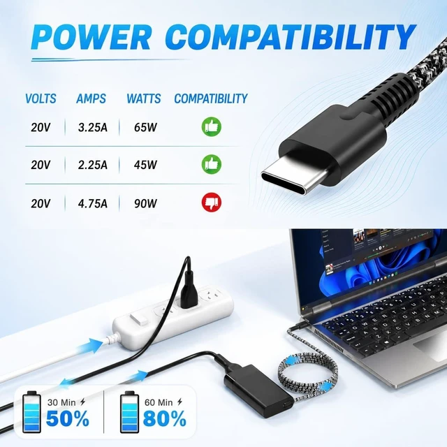 Alt view image 2 of 5 - LHYSFIY Slim 65W USB C Laptop Charger for HP Spectre X360, Chromebook, Envy, EliteBook x360, Elite x2, Pavilion, Omnibook, ProBook, ZBook, Travel AC Power Adapter Cord Supply