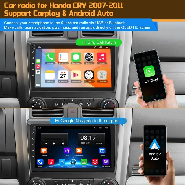 Alt view image 3 of 5 - Car Radio Stereo for Honda CRV 2007 2008 2009 2010 2011, Support Wireless Carplay/Android Auto/Mirrorlink, 9 Inch QLED Touchscreen with Bluetooth,FM Radio