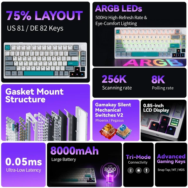 Alt view image 2 of 5 - Gamakay TK75 SOCD 75% Silent Wireless Mechanical Keyboard with TFT Screen