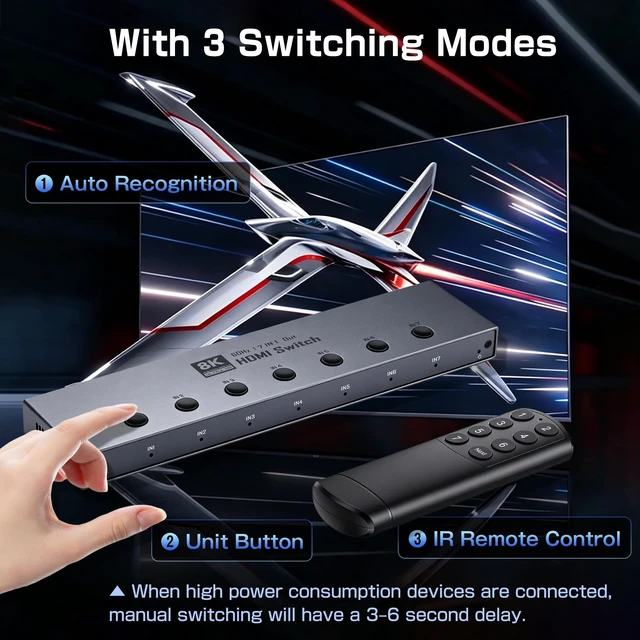Alt view image 3 of 5 - 8K HDMI Switch 7 in 1 Out, HDMI 2.1 Switcher 7 in 1 Out with IR Remote