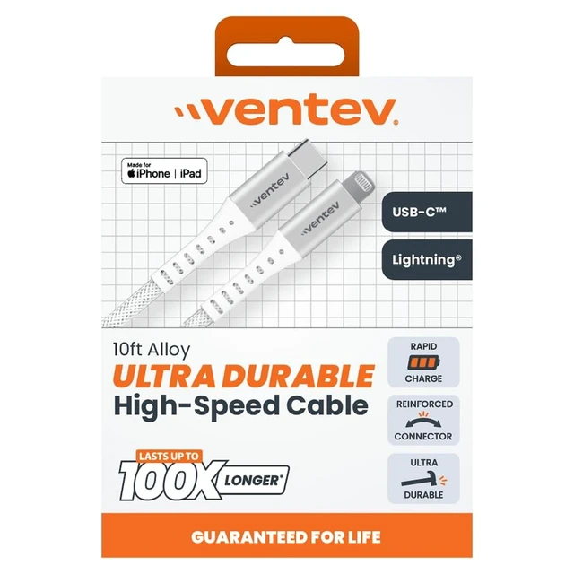 Alt view image 2 of 2 - Ventev Alloy Lightning High Speed Ultradurable 10 Foot Cable (White, USB Type A)