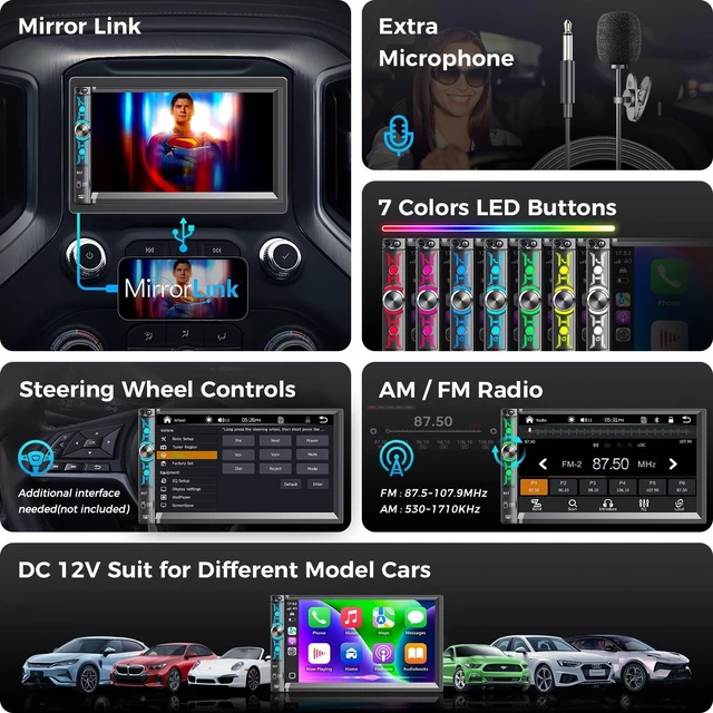 Alt view image 4 of 5 - Kissound 7" Double Din Car Stereo Carplay & Android Auto