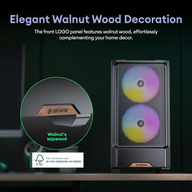Alt view image 2 of 5 - Okinos 314 ARGB, 140mm ARGB Fans 3-Pin Pre-Installed (Front x2), 120mm ARGB Fan 3-Pin Pre-Installed (Rear x1), Micro ATX PC Case, MATX Case with Walnut Wood Decoration, Type C Port, Numeric Series