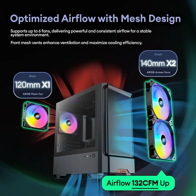 Alt view image 4 of 5 - Okinos 314 ARGB, 140mm ARGB Fans 3-Pin Pre-Installed (Front x2), 120mm ARGB Fan 3-Pin Pre-Installed (Rear x1), Micro ATX PC Case, MATX Case with Walnut Wood Decoration, Type C Port, Numeric Series