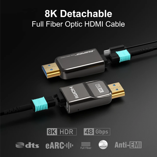 Alt view image 2 of 5 - RUIPRO 8K Detachable Full Fiber Optic Armored HDMI 2.1 Cable, 48Gbps, 990FT