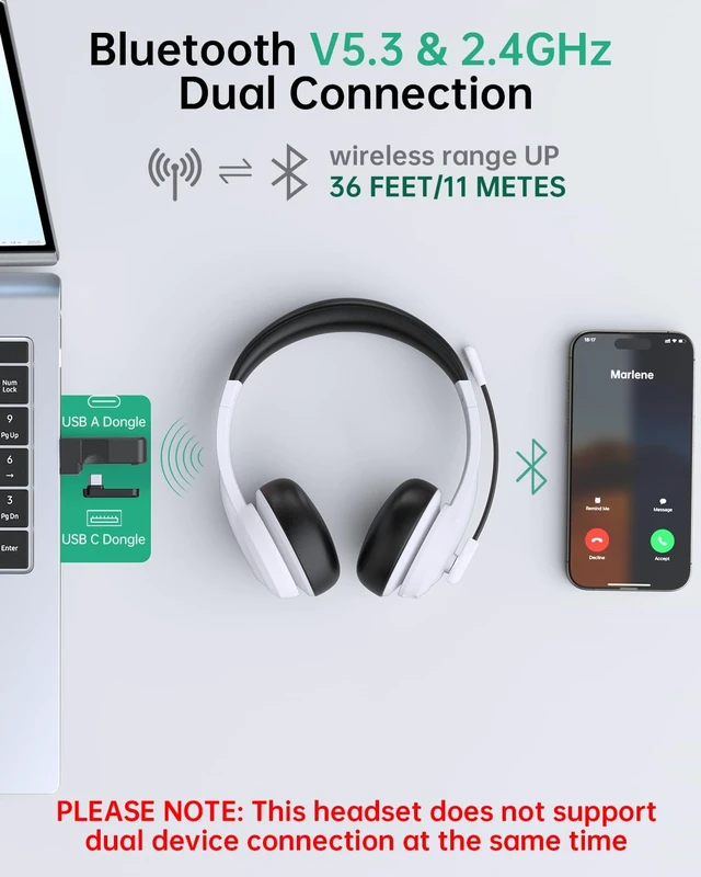 Alt view image 3 of 5 - AOC Wireless Headset with Mic for Work, AI Noise Cancelling, Bluetooth