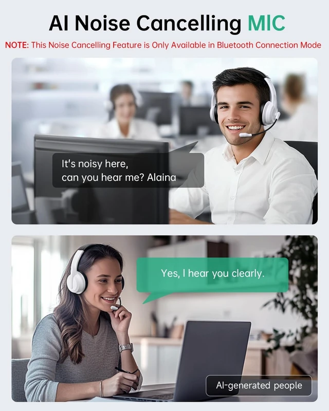 Alt view image 2 of 5 - AOC Wireless Headset with Mic for Work, AI Noise Cancelling, Bluetooth