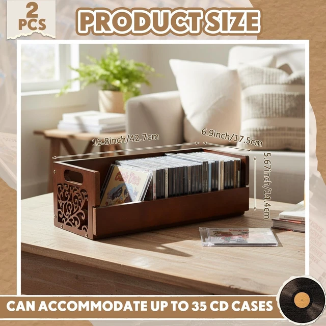 Alt view image 2 of 5 - CroBlissful 2 Set Wooden Cd Holder, Stackable Cd Storage Rack with Handles, Magnetic Front-opening Design, Compact Media Organizer for Home Office & Living Room, Each Set Holds up to 36 Cases (Brown)