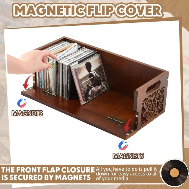 Alt view image 3 of 5 - CroBlissful 2 Set Wooden Cd Holder, Stackable Cd Storage Rack with Handles, Magnetic Front-opening Design, Compact Media Organizer for Home Office & Living Room, Each Set Holds up to 36 Cases (Brown)