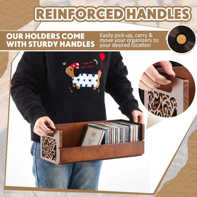 Alt view image 4 of 5 - CroBlissful 2 Set Wooden Cd Holder, Stackable Cd Storage Rack with Handles, Magnetic Front-opening Design, Compact Media Organizer for Home Office & Living Room, Each Set Holds up to 36 Cases (Brown)