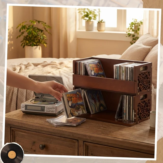 Alt view image 5 of 5 - CroBlissful 2 Set Wooden Cd Holder, Stackable Cd Storage Rack with Handles, Magnetic Front-opening Design, Compact Media Organizer for Home Office & Living Room, Each Set Holds up to 36 Cases (Brown)
