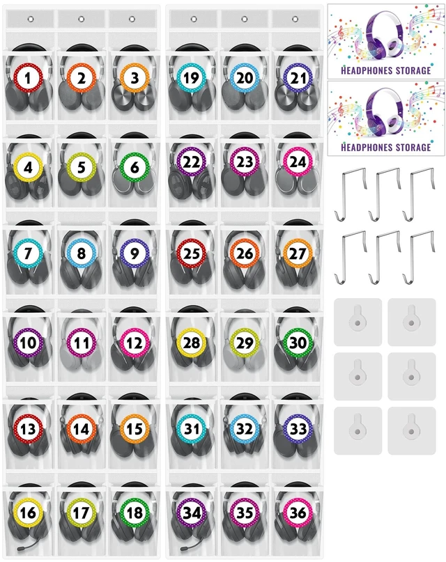 Main image of NiHome 36-Pocket Headphone Storage Organizer for Classroom, 2-Pack Holder