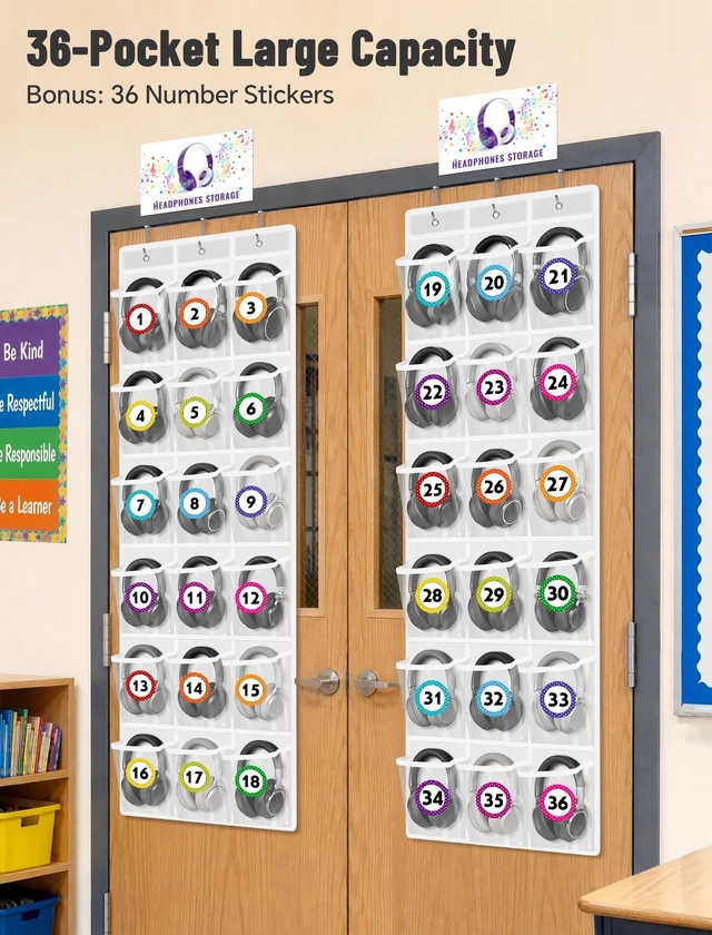 Alt view image 2 of 5 - NiHome 36-Pocket Headphone Storage Organizer for Classroom, 2-Pack Holder