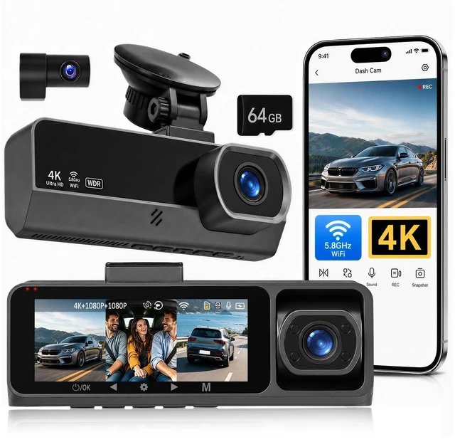 Main image of 3 Channel Dash Cam 4K Front and Rear Inside with 5.8Ghz WiFi, Free 64G Card
