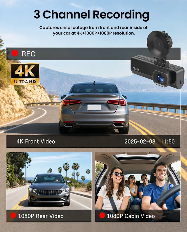 Alt view image 2 of 5 - 3 Channel Dash Cam 4K Front and Rear Inside with 5.8Ghz WiFi, Free 64G Card