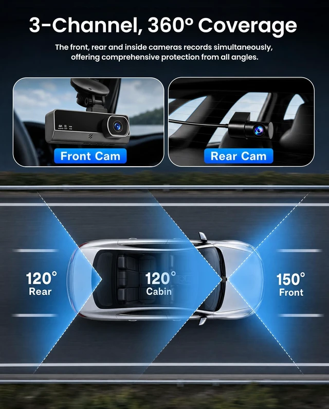 Alt view image 3 of 5 - 3 Channel Dash Cam 4K Front and Rear Inside with 5.8Ghz WiFi, Free 64G Card