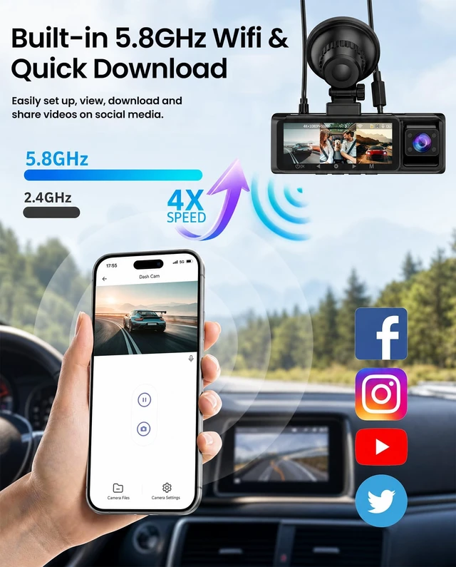 Alt view image 4 of 5 - 3 Channel Dash Cam 4K Front and Rear Inside with 5.8Ghz WiFi, Free 64G Card