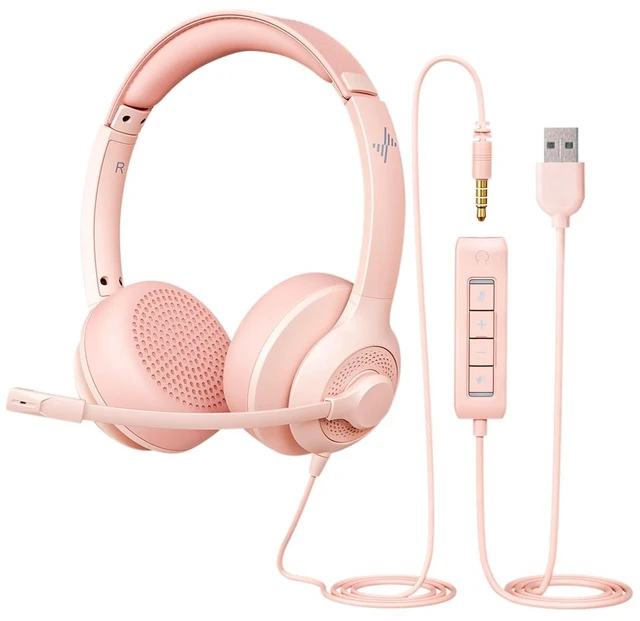 Main image of JIAMQISHI USB Headset with Microphone for PC, On-Ear Computer Laptop Headphones with Noise Cancelling Mic in-line Control for Home Office Online Class Zoom (USB+3.5mm, Pink)