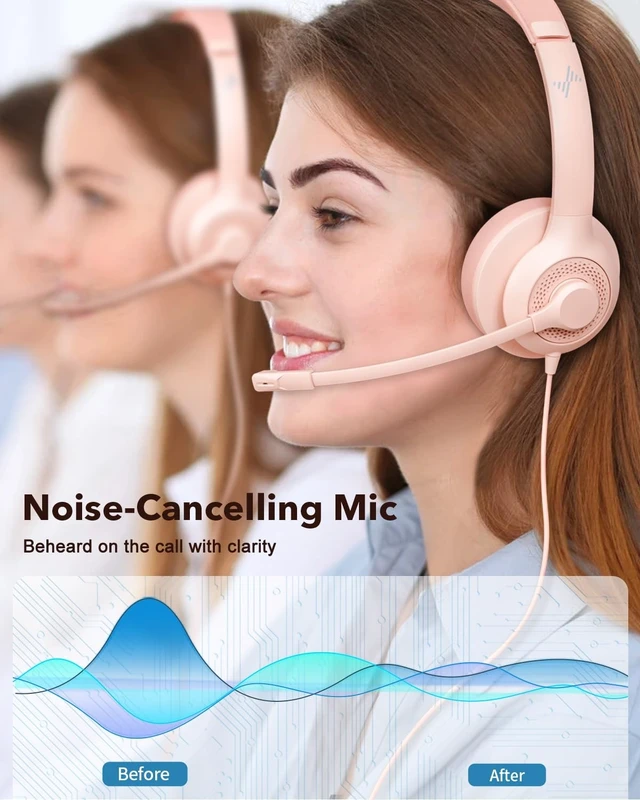 Alt view image 2 of 5 - JIAMQISHI USB Headset with Microphone for PC, On-Ear Computer Laptop Headphones with Noise Cancelling Mic in-line Control for Home Office Online Class Zoom (USB+3.5mm, Pink)
