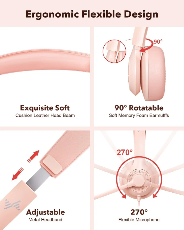 Alt view image 4 of 5 - JIAMQISHI USB Headset with Microphone for PC, On-Ear Computer Laptop Headphones with Noise Cancelling Mic in-line Control for Home Office Online Class Zoom (USB+3.5mm, Pink)