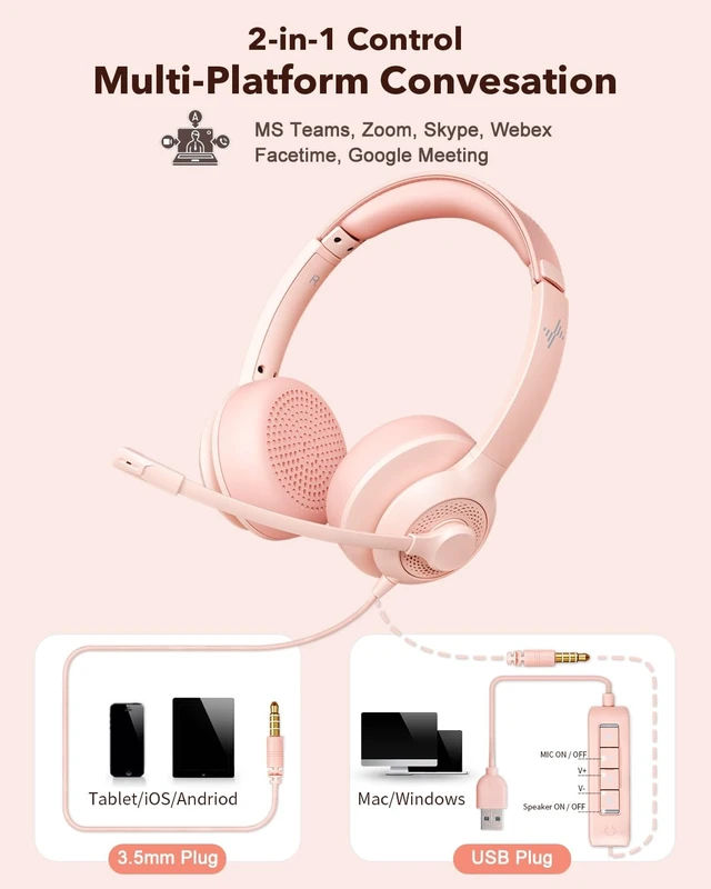 Alt view image 5 of 5 - JIAMQISHI USB Headset with Microphone for PC, On-Ear Computer Laptop Headphones with Noise Cancelling Mic in-line Control for Home Office Online Class Zoom (USB+3.5mm, Pink)