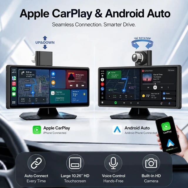Alt view image 2 of 5 - 10.26" Wireless CarPlay Screen for Car, Apple CarPlay & Android Auto Screen, Portable Car Stereo with 4K Front Dash Cam & 1080P Backup Camera, Bluetooth, Voice Control, GPS Navigation, Mirror L
