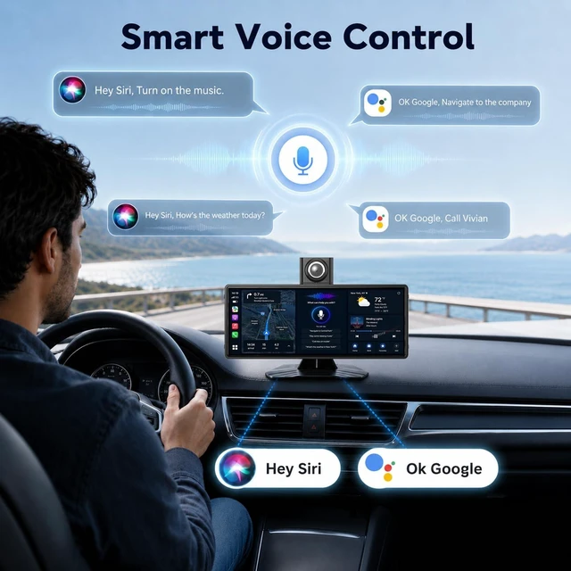 Alt view image 3 of 5 - 10.26" Wireless CarPlay Screen for Car, Apple CarPlay & Android Auto Screen, Portable Car Stereo with 4K Front Dash Cam & 1080P Backup Camera, Bluetooth, Voice Control, GPS Navigation, Mirror L