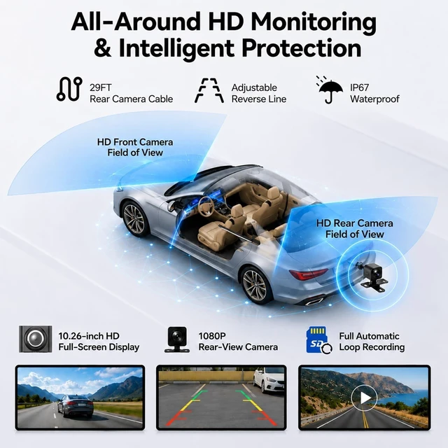 Alt view image 4 of 5 - 10.26" Wireless CarPlay Screen for Car, Apple CarPlay & Android Auto Screen, Portable Car Stereo with 4K Front Dash Cam & 1080P Backup Camera, Bluetooth, Voice Control, GPS Navigation, Mirror L