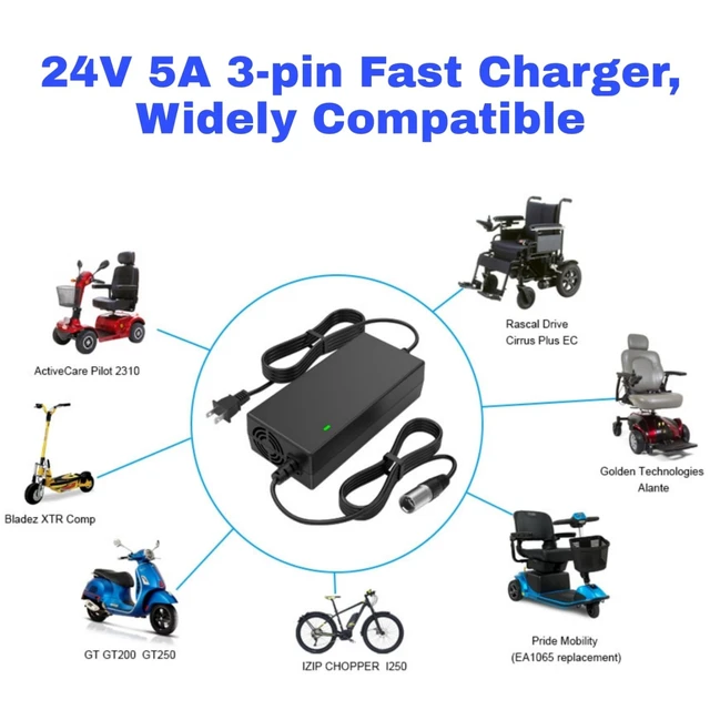 Alt view image 4 of 5 - 24V (29V) 5A 3-Pin Fast Battery Charger for Wheelchair Lakematic, Pride Mobility, Jazzy Power Chair, for Drive Medical, Golden Technologies, Rascal, Shoprider, Heartway, Bladez, Quantum Power Cord