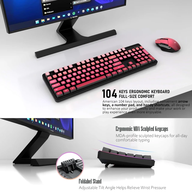 Alt view image 2 of 5 - Wireless Keyboard and Mouse Combo, Rechargeable and Quiet, Full-Size with Number Pad, MDA Sculpted Keycaps, Ergonomic Mouse, 2.4GHz Cordless Plug & Play for Windows PC Laptop Desktop(Rosy Pink)