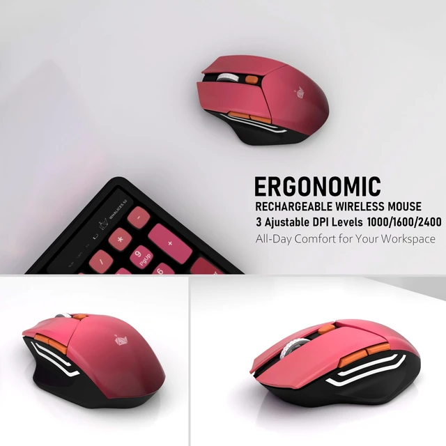 Alt view image 3 of 5 - Wireless Keyboard and Mouse Combo, Rechargeable and Quiet, Full-Size with Number Pad, MDA Sculpted Keycaps, Ergonomic Mouse, 2.4GHz Cordless Plug & Play for Windows PC Laptop Desktop(Rosy Pink)