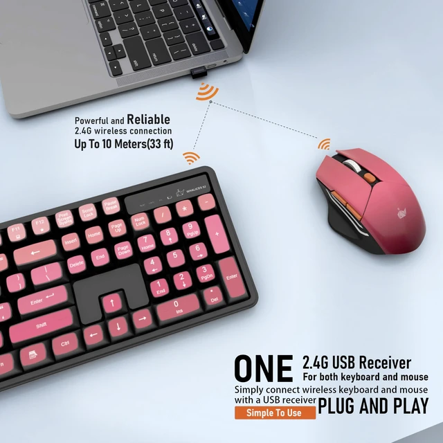 Alt view image 4 of 5 - Wireless Keyboard and Mouse Combo, Rechargeable and Quiet, Full-Size with Number Pad, MDA Sculpted Keycaps, Ergonomic Mouse, 2.4GHz Cordless Plug & Play for Windows PC Laptop Desktop(Rosy Pink)