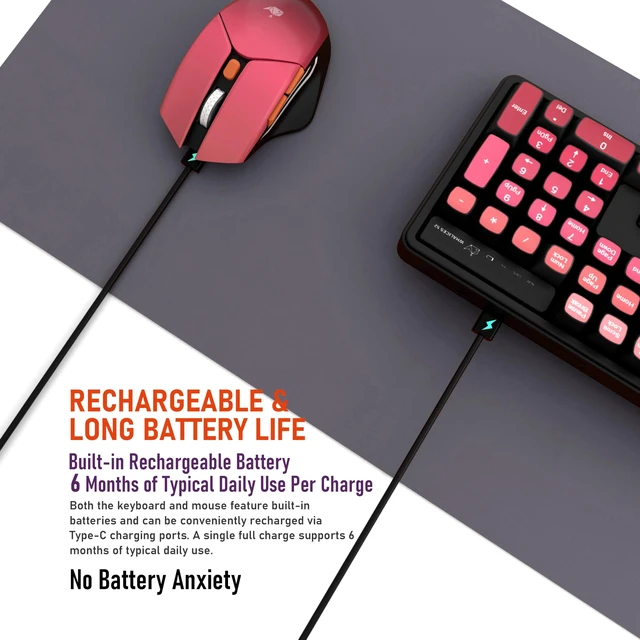 Alt view image 5 of 5 - Wireless Keyboard and Mouse Combo, Rechargeable and Quiet, Full-Size with Number Pad, MDA Sculpted Keycaps, Ergonomic Mouse, 2.4GHz Cordless Plug & Play for Windows PC Laptop Desktop(Rosy Pink)